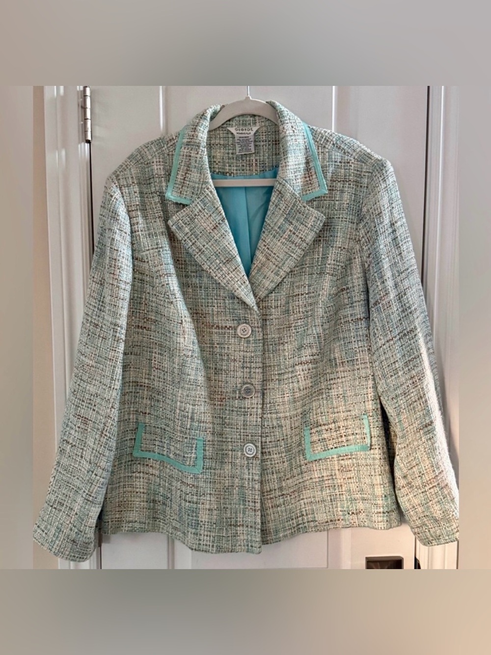 Y2k George Tweed Blazer Jacket 26W / 28W Turquoise Academia Office preppy layer